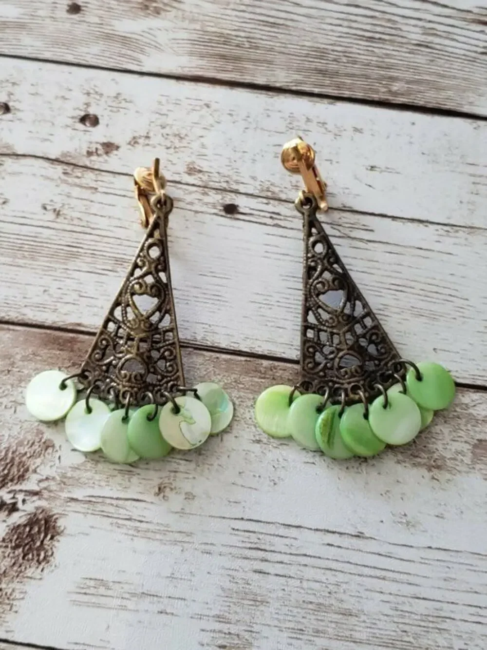 Vintage Clip On Earrings Ornate Triangular Shape Dangle with Green Circles